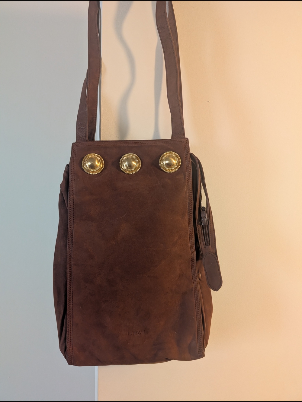 Loewe Brown Suede Shoulder Bag with Gold Disc Accents